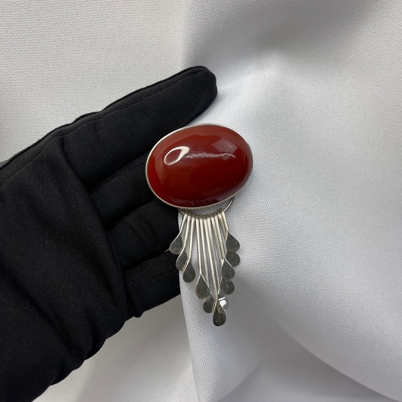 Carnelian stone with sterling silver brooch handmade Mexico - Picture 6 of 7